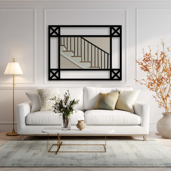 Inviting and serene, this interior evokes a minimalist mood complemented by the cross-detail black metal frame of the unique metal wall art floor mirror.