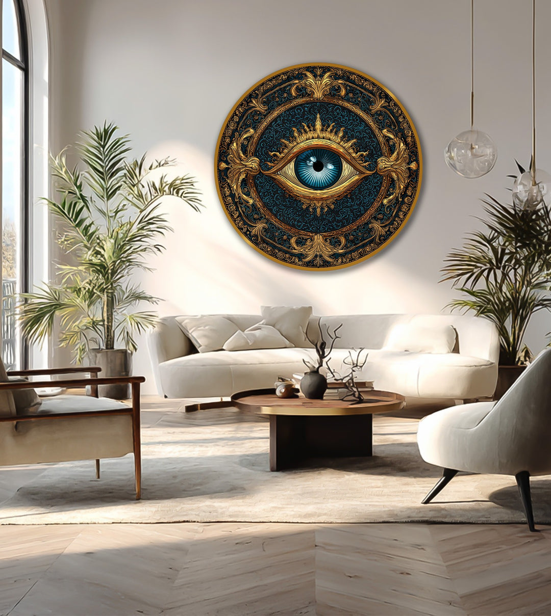 Deep layers accentuate the intricate detail of this celestial guardian eye oil painting reproduction print, an ornate round wooden wall art piece with rich depth.
