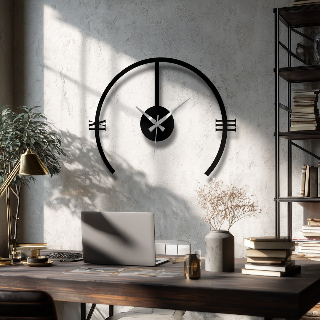 Under muted color saturation, the minimalist arch metal wall clock presents itself as an excellent decoration wall art piece, enriching the contemporary scene with its clean lines.