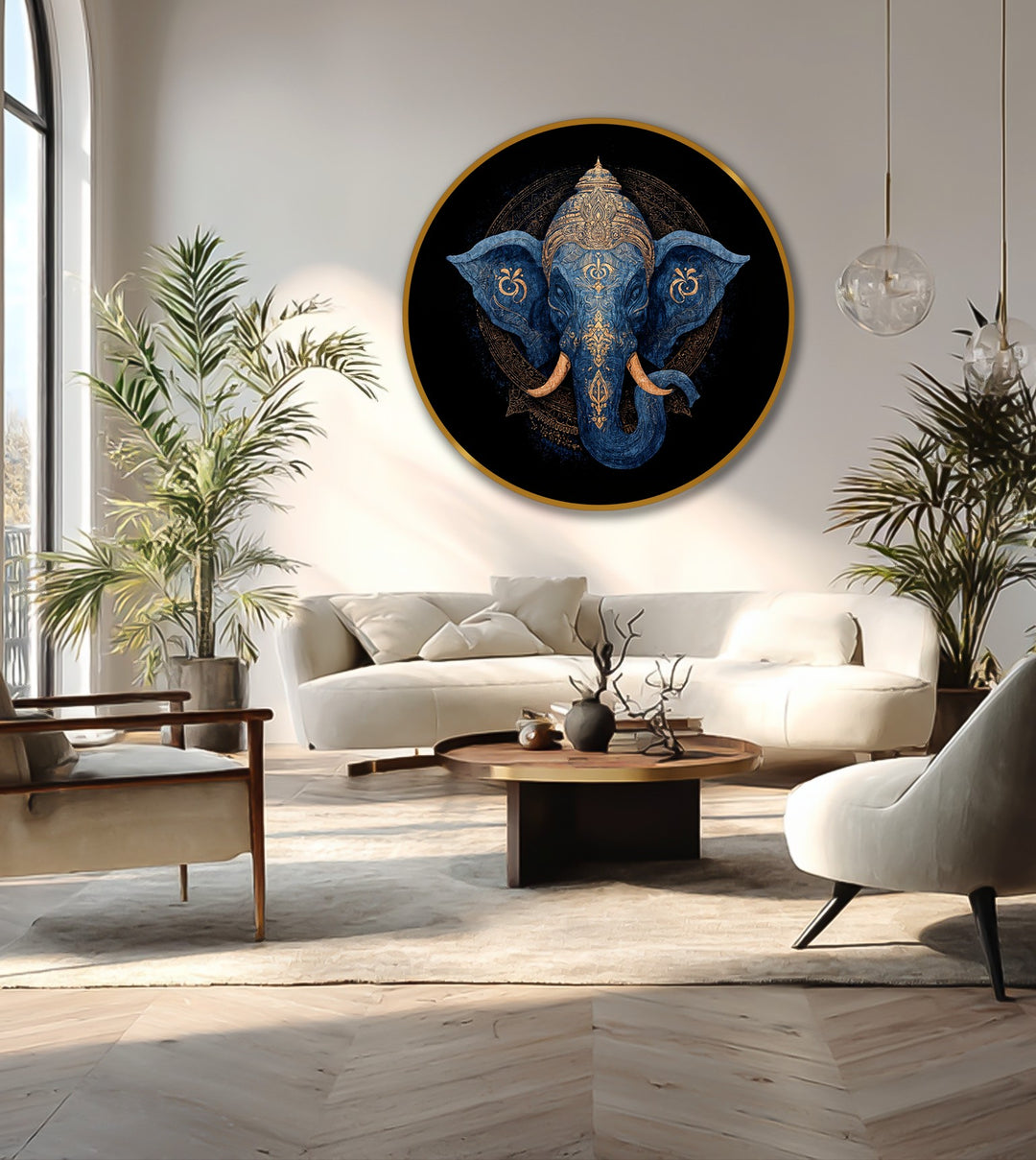 Layered depth highlights the divine indigo majesty in this sacred elephant round oil painting, showcasing rich oil painting art prints with intricate gold detailing.
