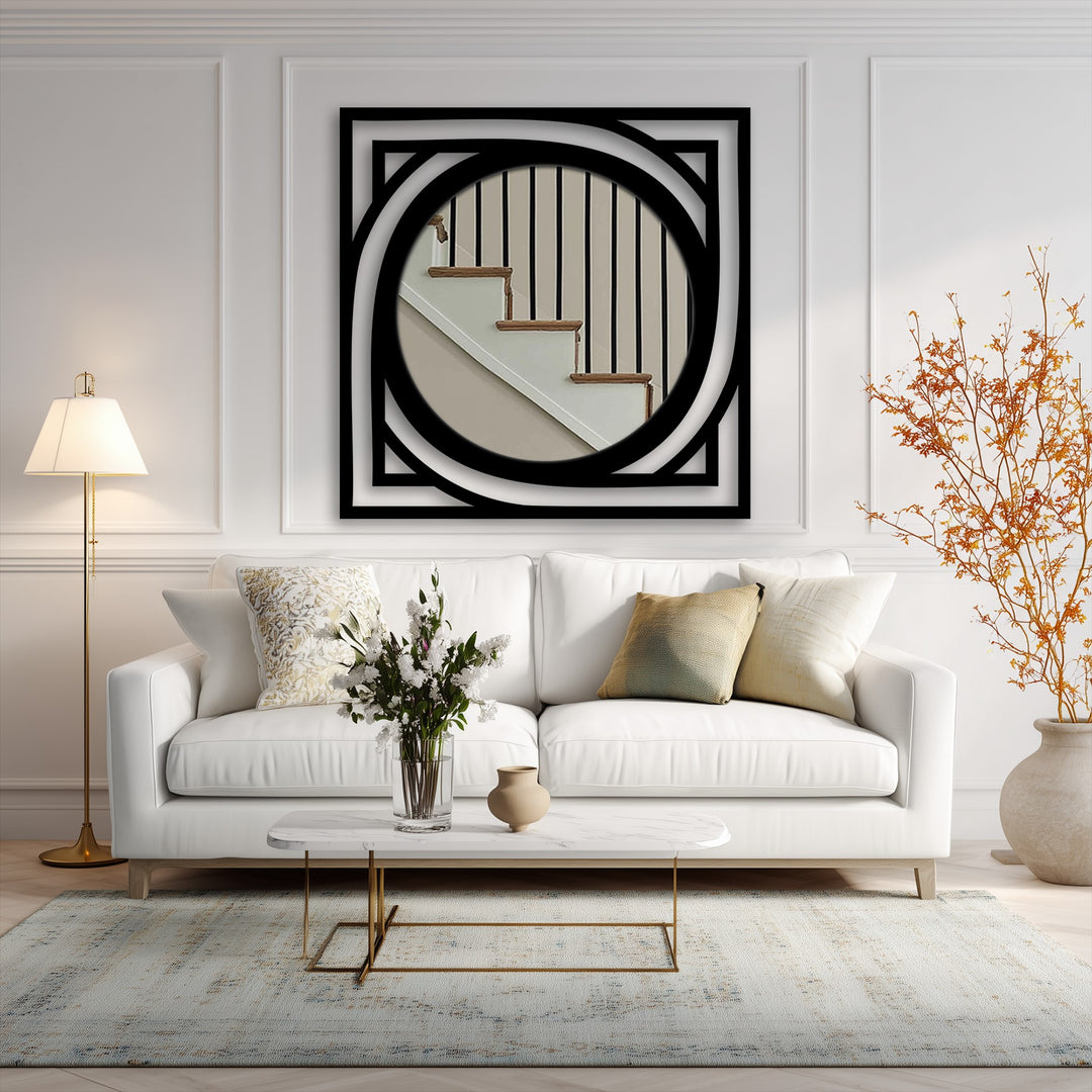 Square mirror with circle frame design