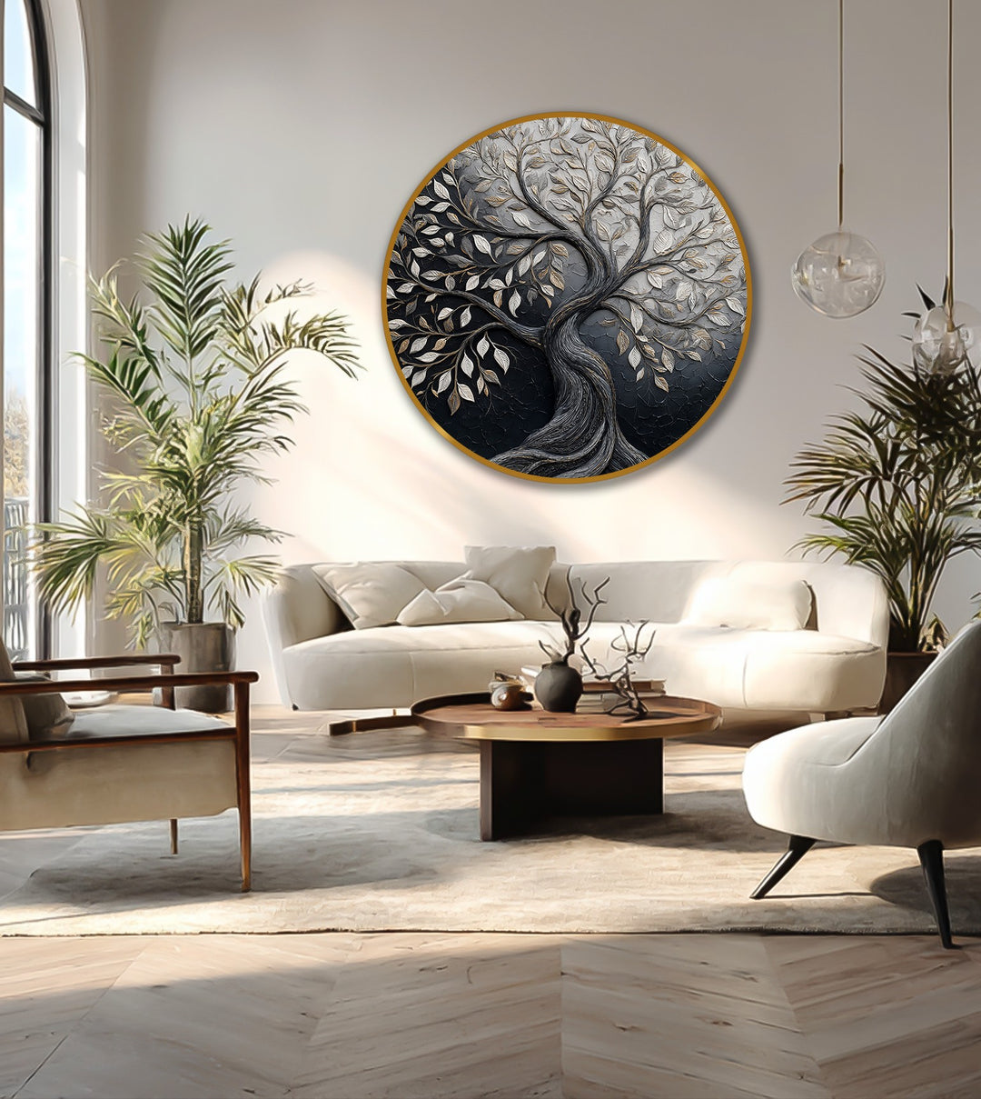 Eternal Contrast – Dual Tone Tree of Life Round Oil Painting