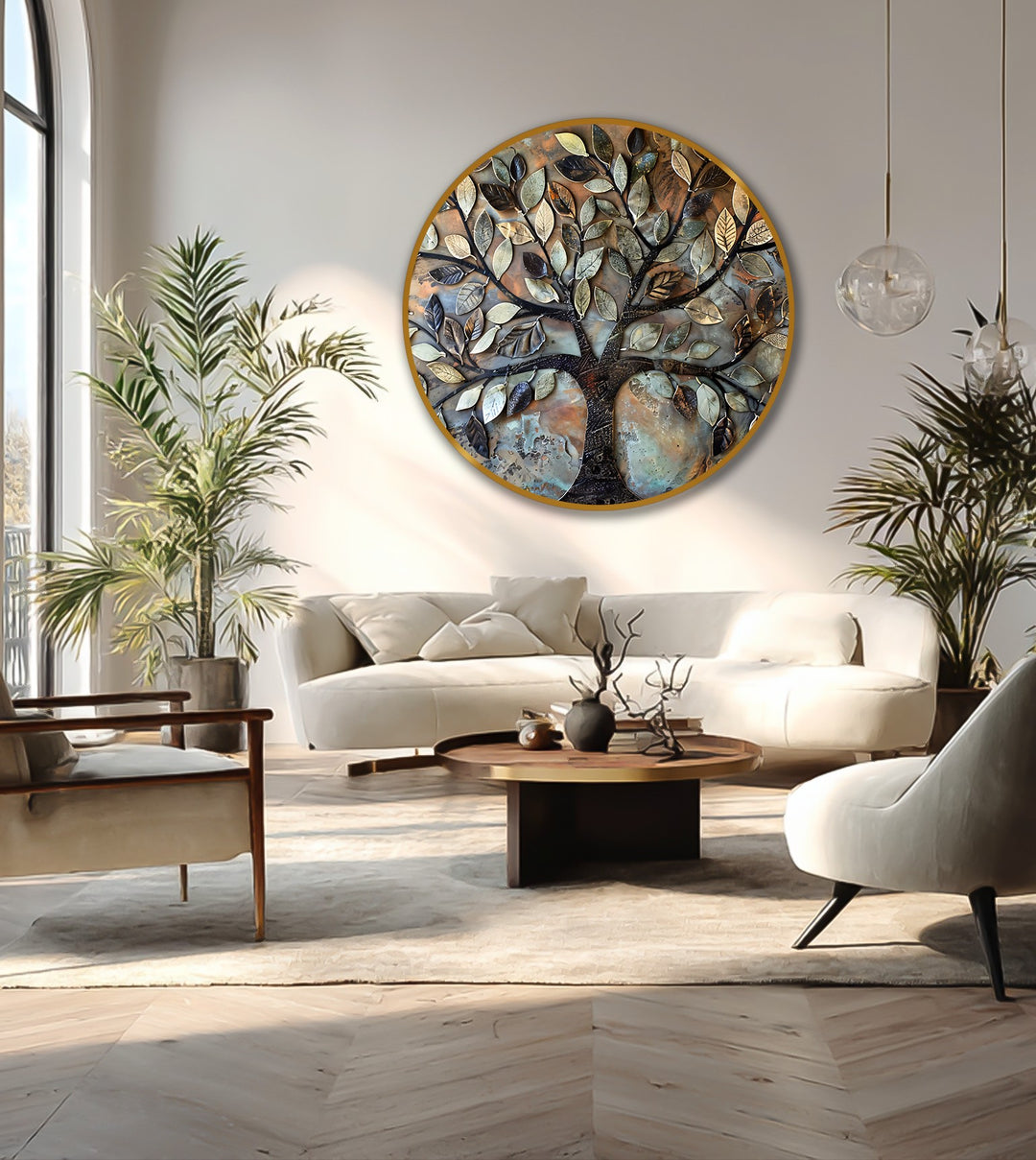Sunlight highlights the modern oil painting art, drawing attention to the rustic harmony of the textured metal leaf tree round oil painting.