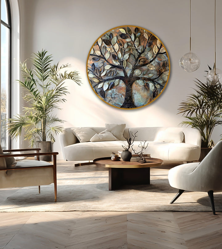 Sunlight highlights the modern oil painting art, drawing attention to the rustic harmony of the textured metal leaf tree round oil painting.