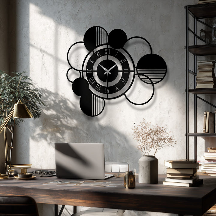 Layers of the modern abstract circle metal artwork create a dynamic depth, highlighting the geometric design and the clock's contrasting numerals.
