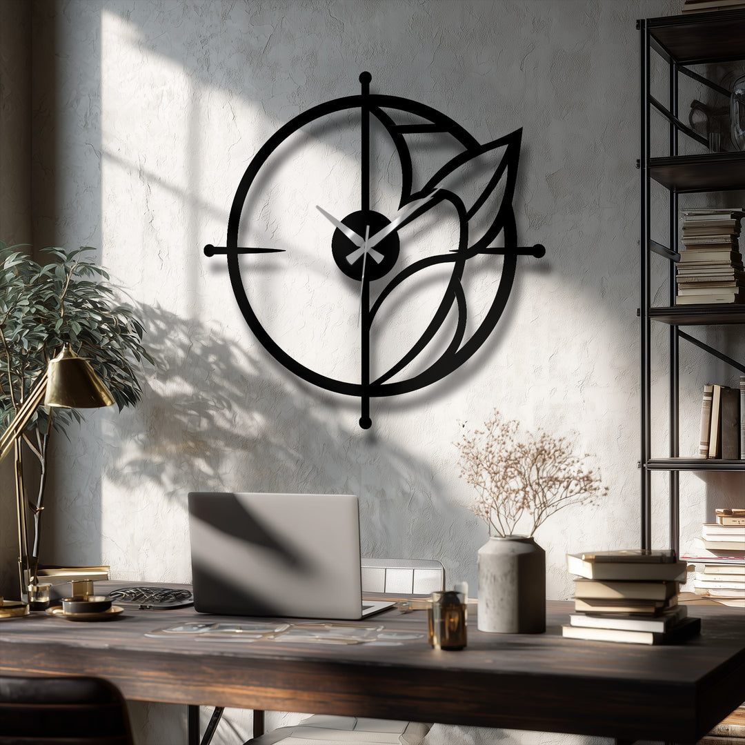 The darkest area defines the striking contrast on this modern metal wall clock, a nature-inspired decoration wall art featuring an elegant leaf accent.