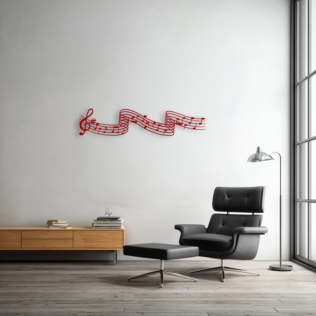 White wall provides a backdrop for vibrant red flowing melody notes unique metal wall art, a captivating modern music decor piece.