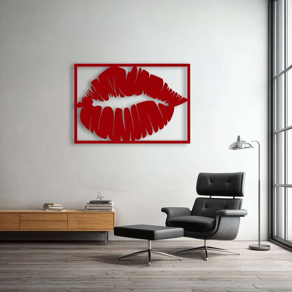 Highly saturated red lips unique metal wall art, a bold kiss silhouette, stands out vividly against the minimalist white wall.