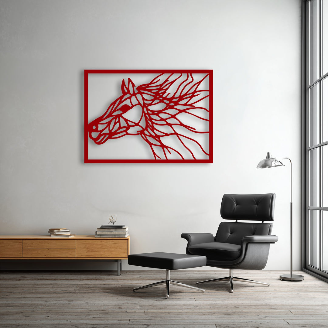 The darkest area, a sleek black leather armchair and ottoman, complements the abstract horse portrait decorative metal art.
