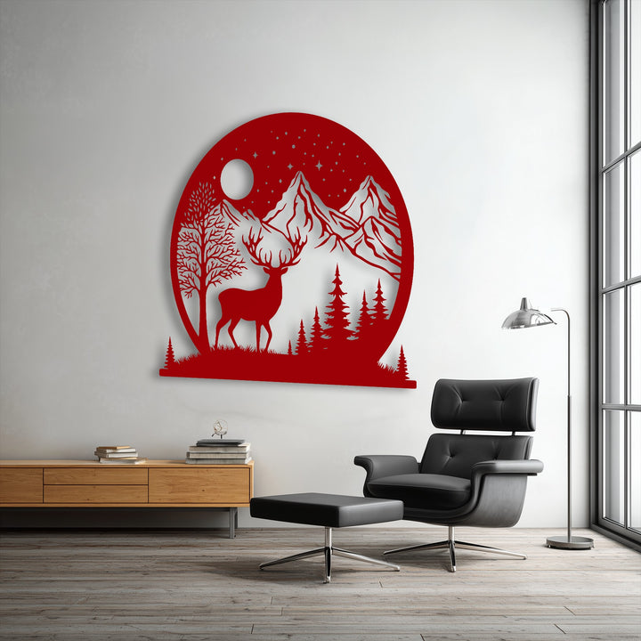 The striking focal point is a unique metal wall art piece depicting a majestic deer silhouetted against a moonlit wilderness of mountains and trees.