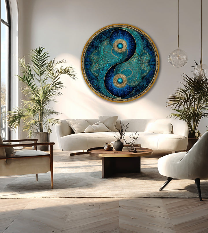 The painting's exquisite layering effect enhances the round oil painting decoration, depicting a turquoise yin yang with intricate gold details, embodying eternal balance.