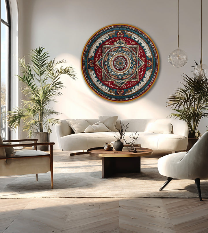 The focal point is an ornate round oil painting art prints displaying an intricate geometric mandala with vibrant hues and symmetrical details, creating a bold statement.