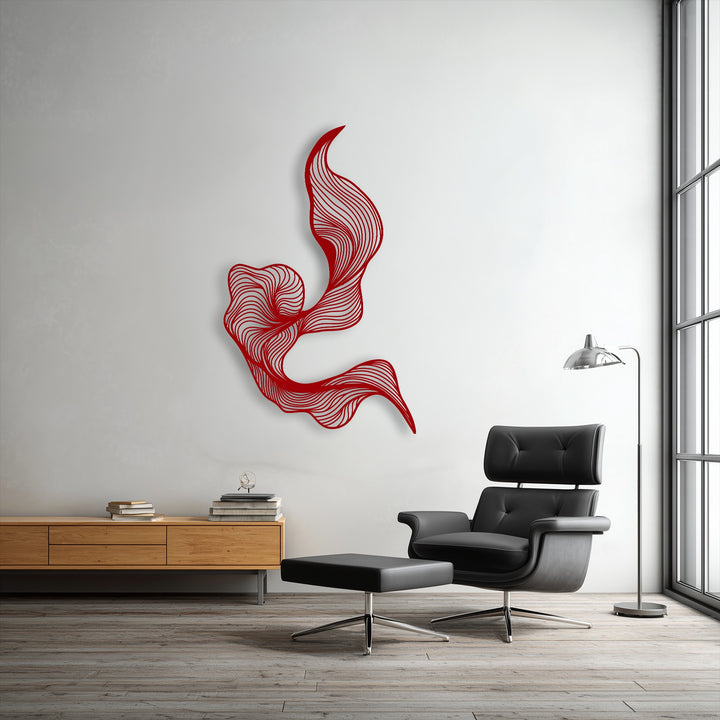 The darkest area features a sleek black leather armchair and ottoman, accentuating the abstract flow metal art for wall.