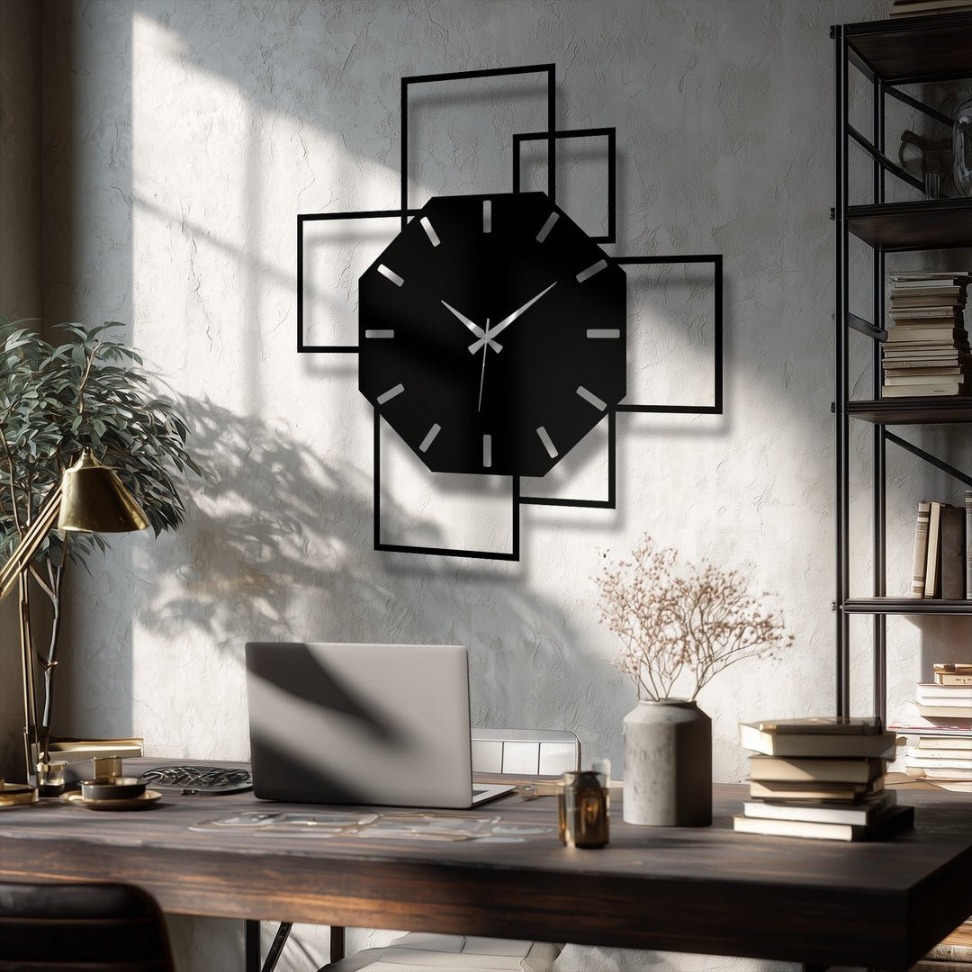 Warm color temperatures accentuate the sleek black and silver octagonal geometric metal artwork clock with a modern square frame.