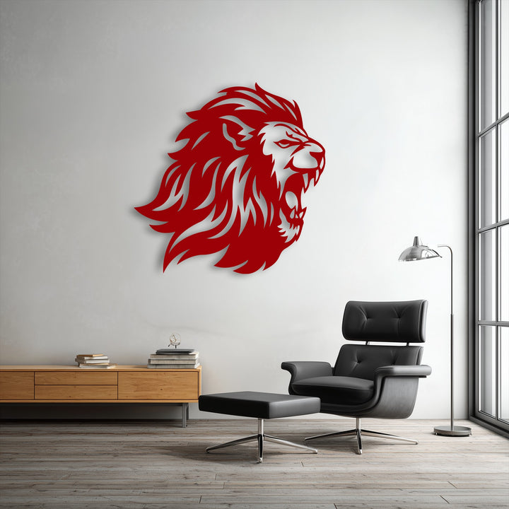 A striking red roaring lion head metal artwork, depicting bold power, commands attention on a minimalist white wall above a modern wooden cabinet.