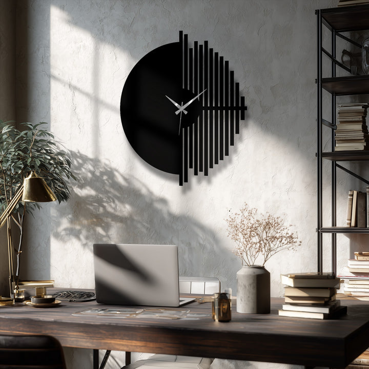 Evoking a sense of forward momentum, this geometric metal artwork clock's design plays with the idea of time flowing in its half-circle form and dynamic lines.