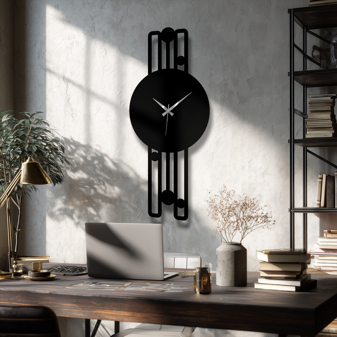 Hanging boldly on the wall, this unique metal wall art clock makes a statement with its vertical minimalist frame and geometric details, becoming the loudest element in the room.