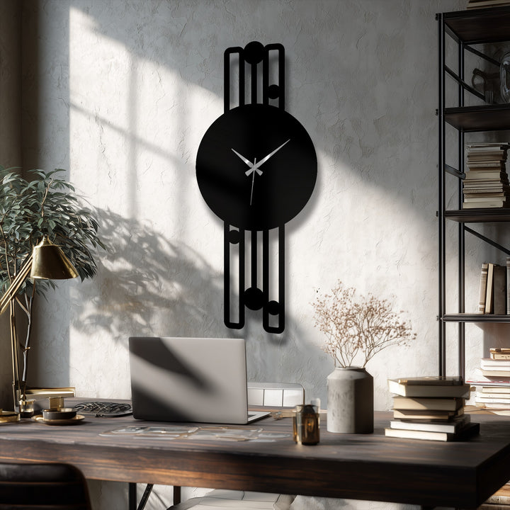 Hanging boldly on the wall, this unique metal wall art clock makes a statement with its vertical minimalist frame and geometric details, becoming the loudest element in the room.