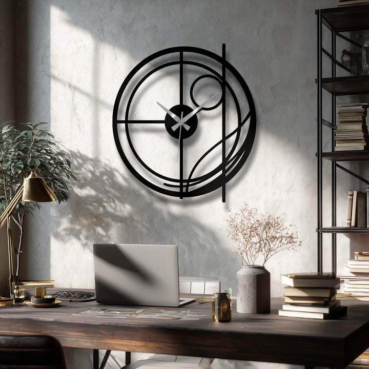 The peaceful mood is evoked by the abstract circular line modern metal wall clock, a striking decoration wall art piece casting soft shadows in a sunlit, stylish workspace.