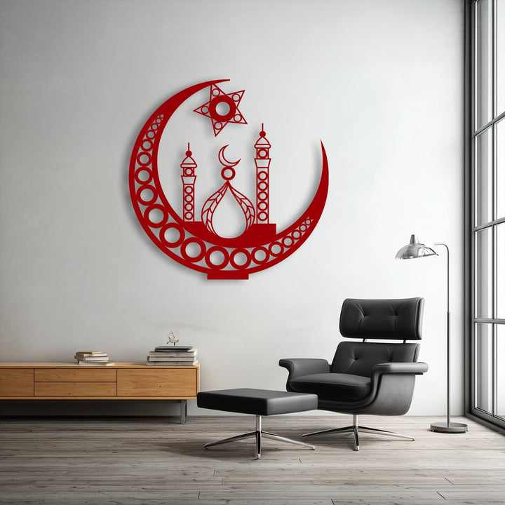 The crisp white wall provides a clean, minimalist backdrop for the red Islamic Crescent Moon Mosque metal art for wall.