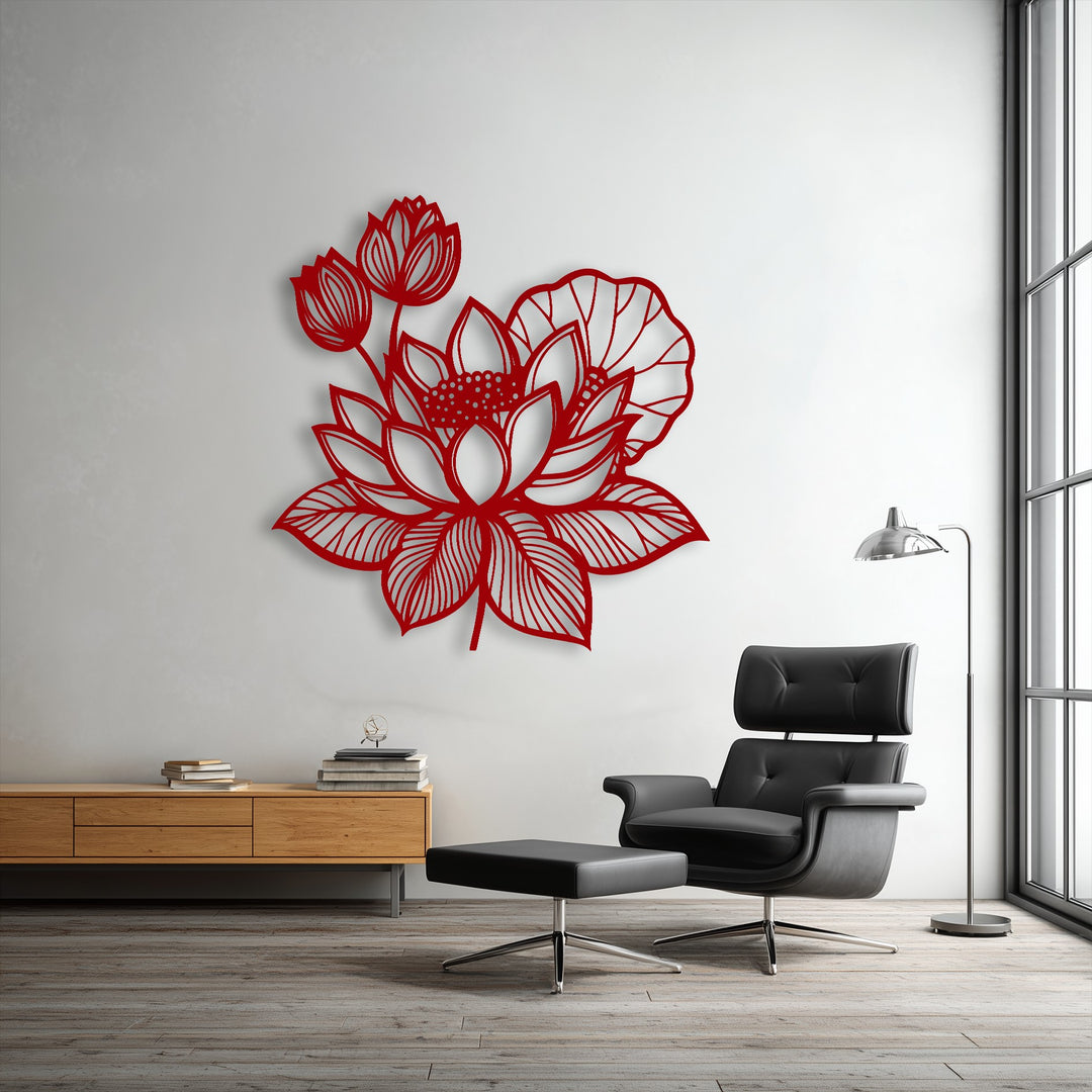 Balanced cool white and warm wood tones highlight the vibrant red Lotus Floral metal artwork, creating an inviting color temperature.
