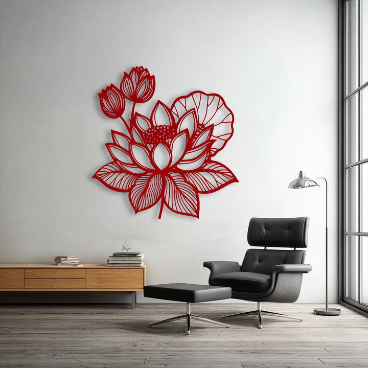 Balanced cool white and warm wood tones highlight the vibrant red Lotus Floral metal artwork, creating an inviting color temperature.