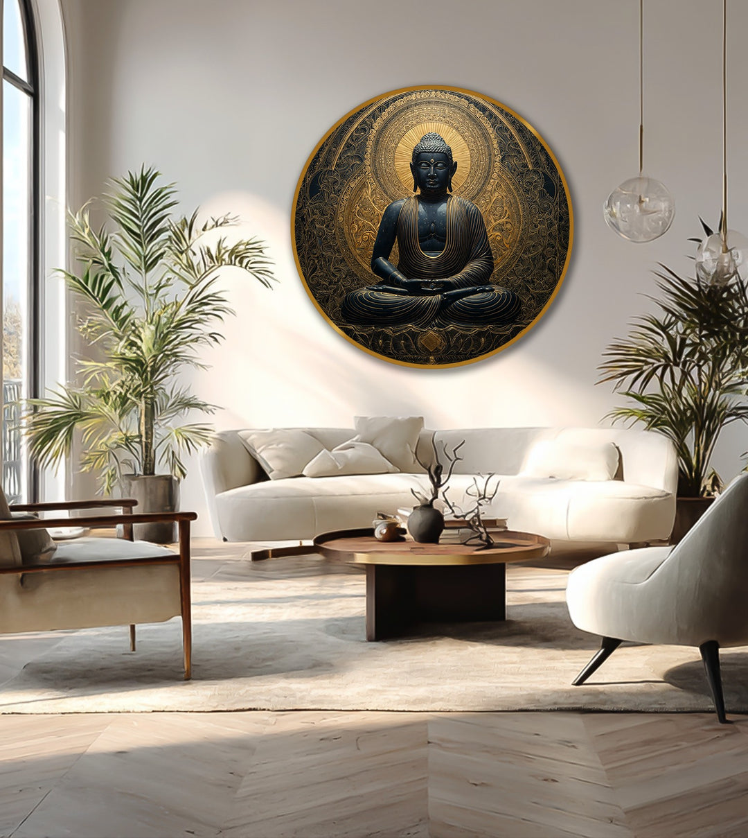 Illuminated by the brightest area, this serene Golden Serenity sacred Buddha round oil painting wall art radiates tranquility with its black and gold design.