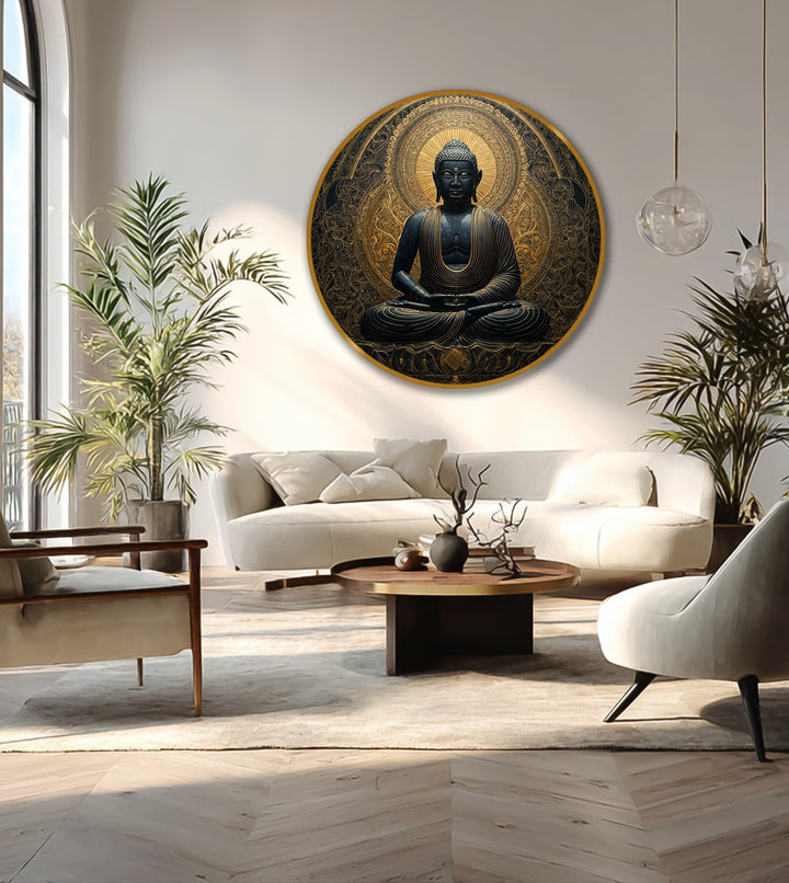 Illuminated by the brightest area, this serene Golden Serenity sacred Buddha round oil painting wall art radiates tranquility with its black and gold design.