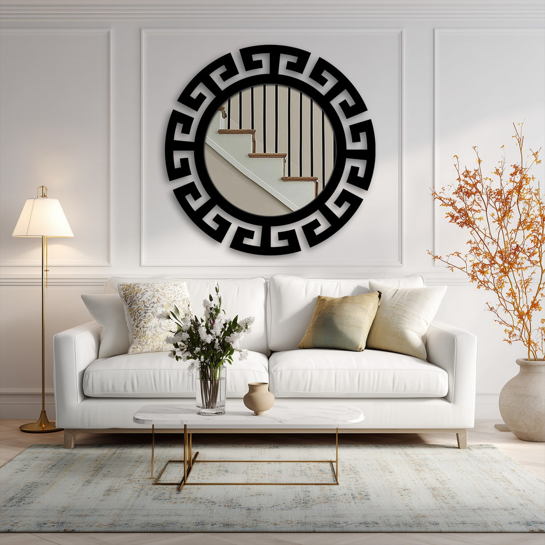 Crafted with a durable black metal frame, this segmented Greek key round floor mirror showcases the high material quality of modern metal art for wall.