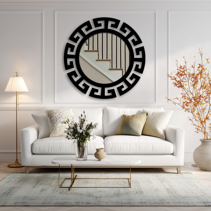 Crafted with a durable black metal frame, this segmented Greek key round floor mirror showcases the high material quality of modern metal art for wall.