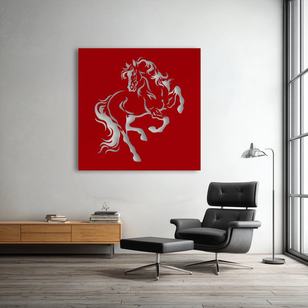 A striking silver rearing horse silhouette on a red background creates dynamic metal art for wall, capturing equestrian power and movement.