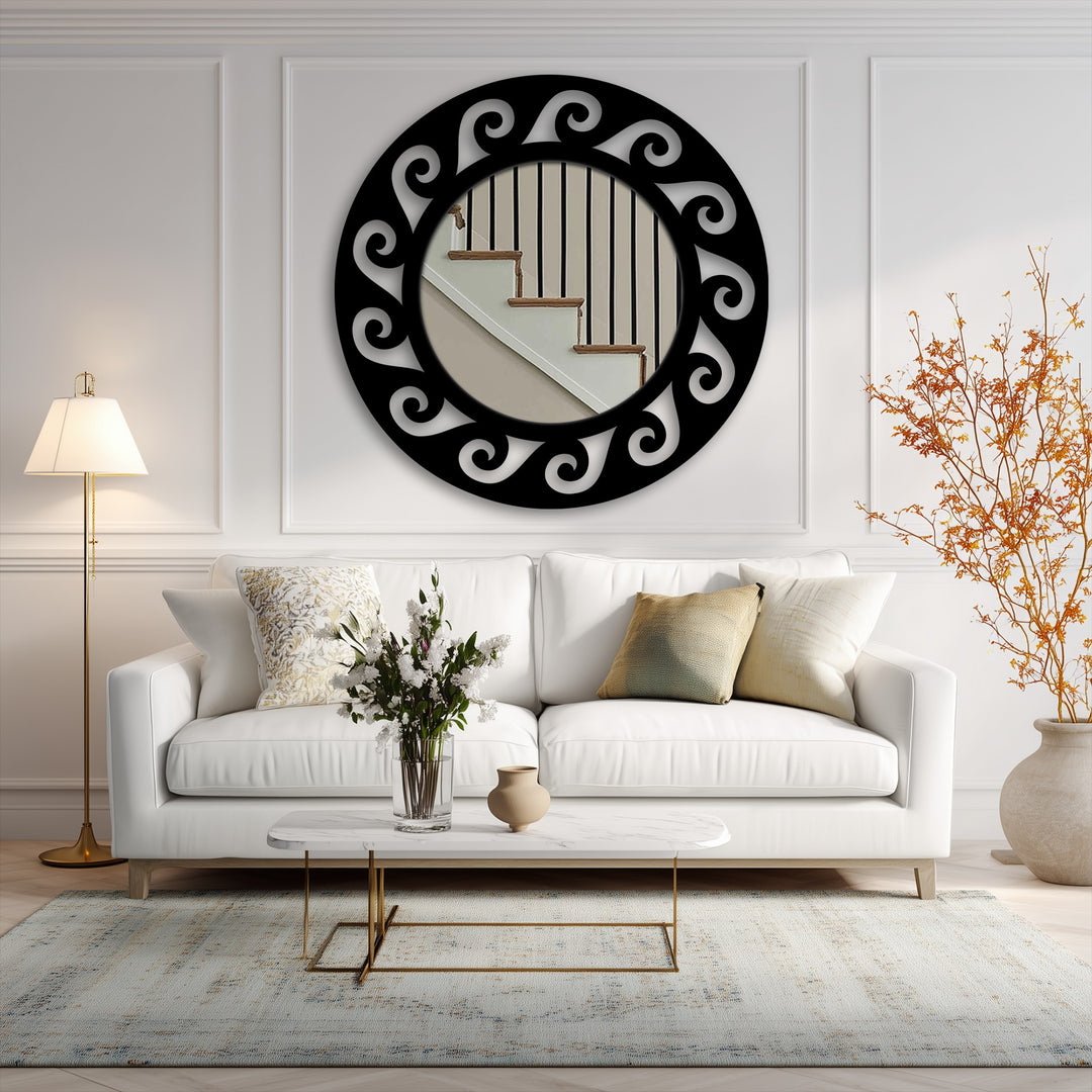 The repeated scroll pattern of the black metal frame creates a dynamic visual rhythm around the modern mirror, enhancing the elegant design of the ornate round floor mirror.