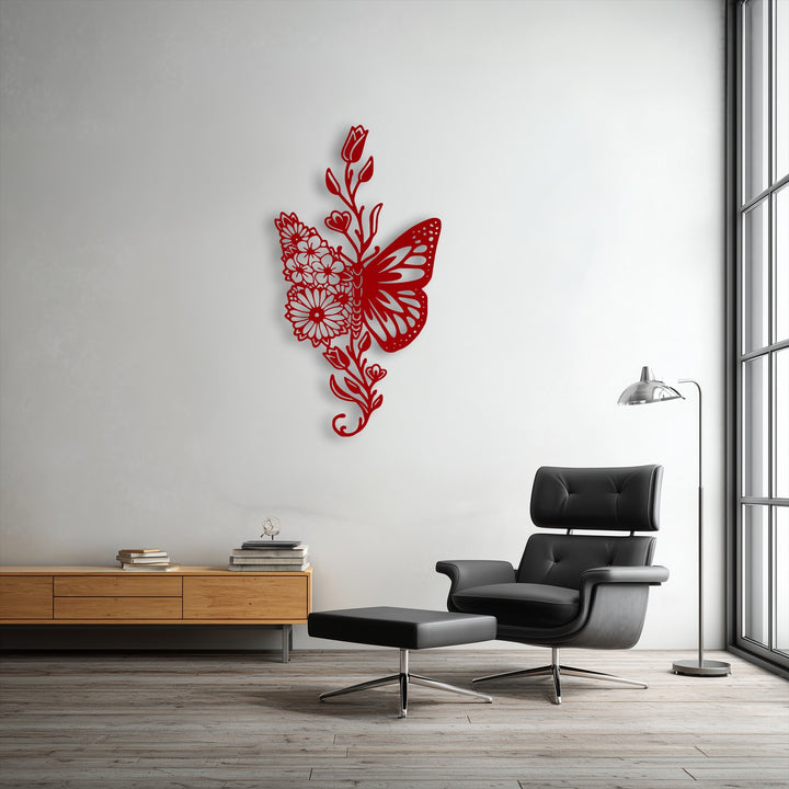 The serene and elegant mood created by the stunning Floral Butterfly Fusion metal art for wall adds a sophisticated touch to a modern living space.