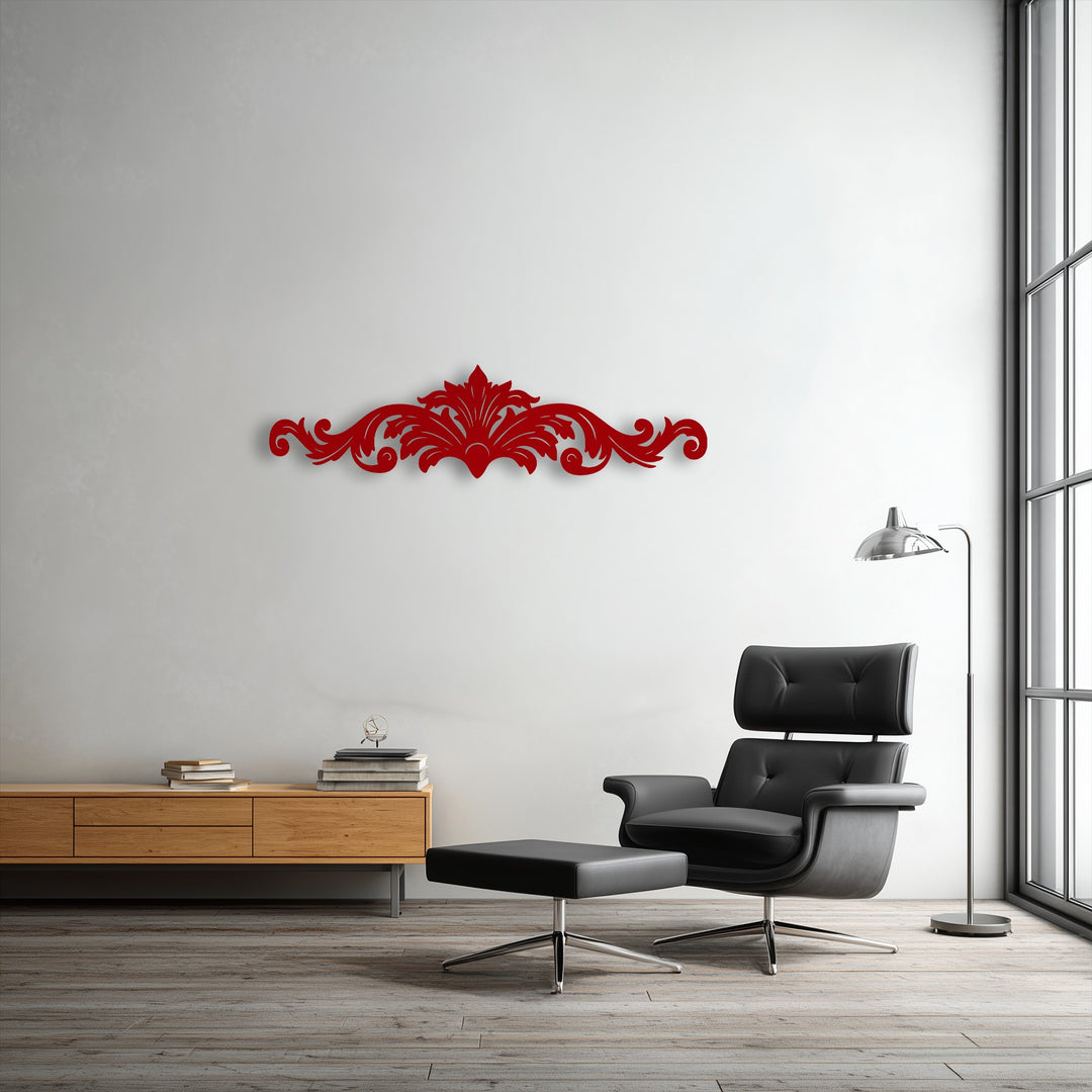 The vibrant red Regal Flourish ornamental scroll metal wall art boldly commands attention as an exquisite decoration wall art piece.