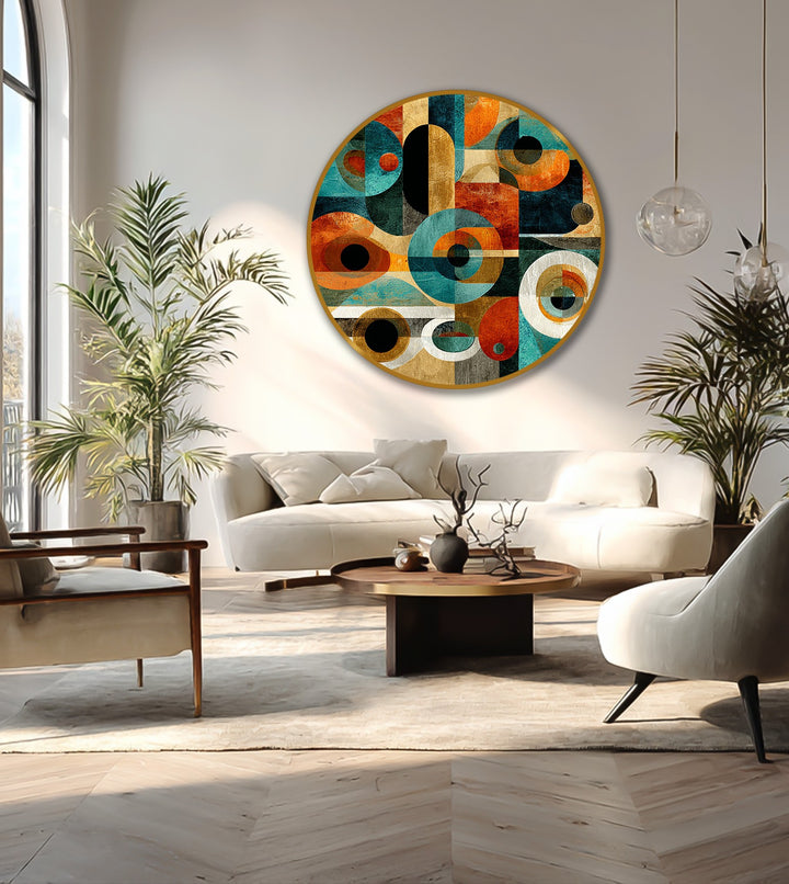 The realistically detailed retro geometric circles and bold shapes showcase this abstract round oil painting reproduction print, offering a vibrant focal point.