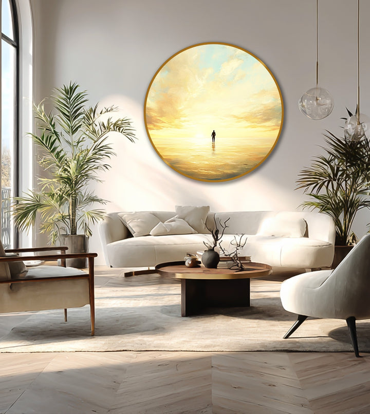 Sunlight and shadow interplay accentuate the modern oil painting art, casting a warm glow across the golden sunset reflection and lone figure.