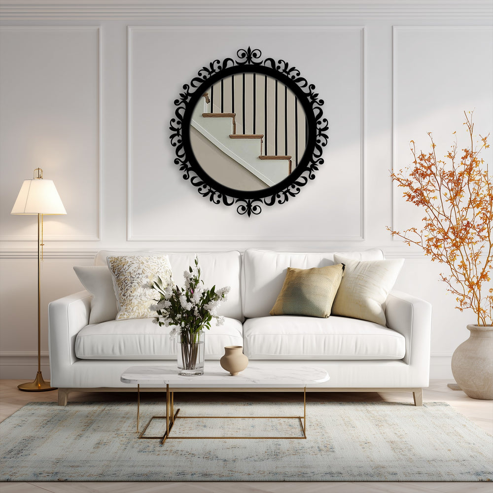 With its cool color temperature, the ornamental baroque round floor bathroom mirror is framed by elegant black metal art for wall, creating a striking statement piece.