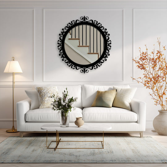 With its cool color temperature, the ornamental baroque round floor bathroom mirror is framed by elegant black metal art for wall, creating a striking statement piece.