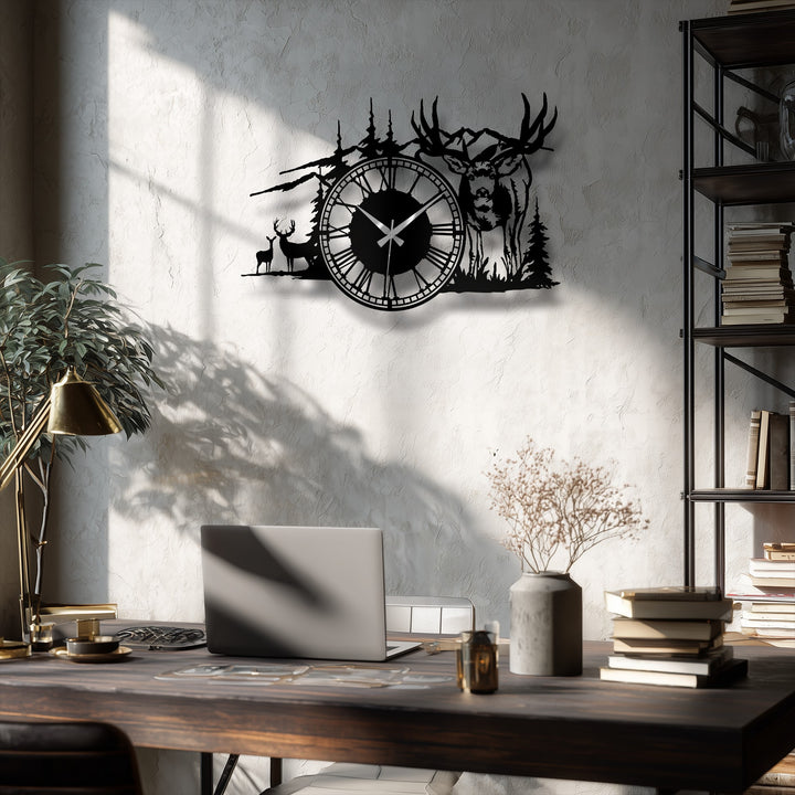 The gentle transition of warm light and cool shadows across the wall frames the striking black silhouette of this deer forest metal wall decor.
