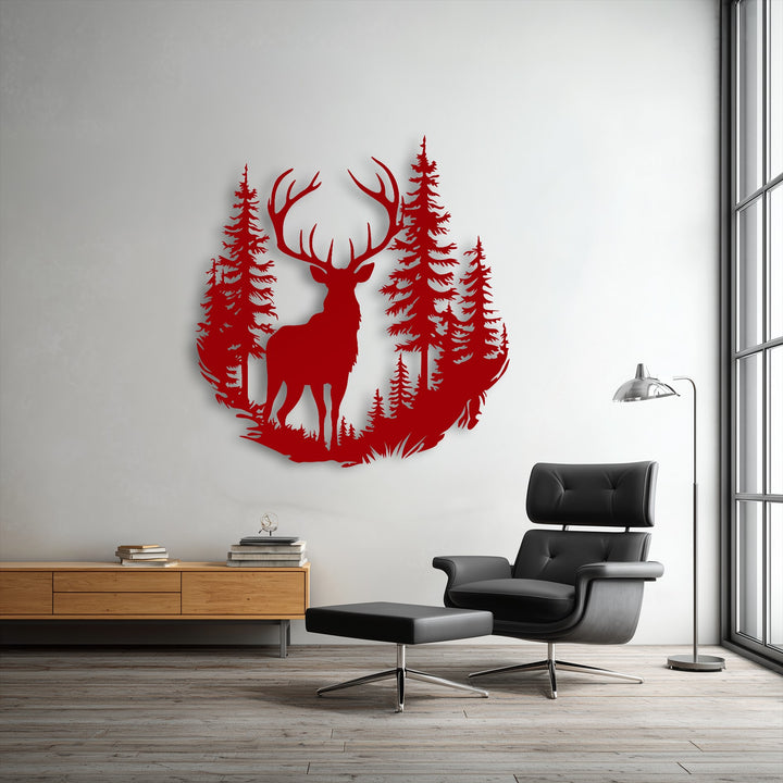 The focal point of the room is a striking red deer and forest silhouette unique metal wall art against a light wall.