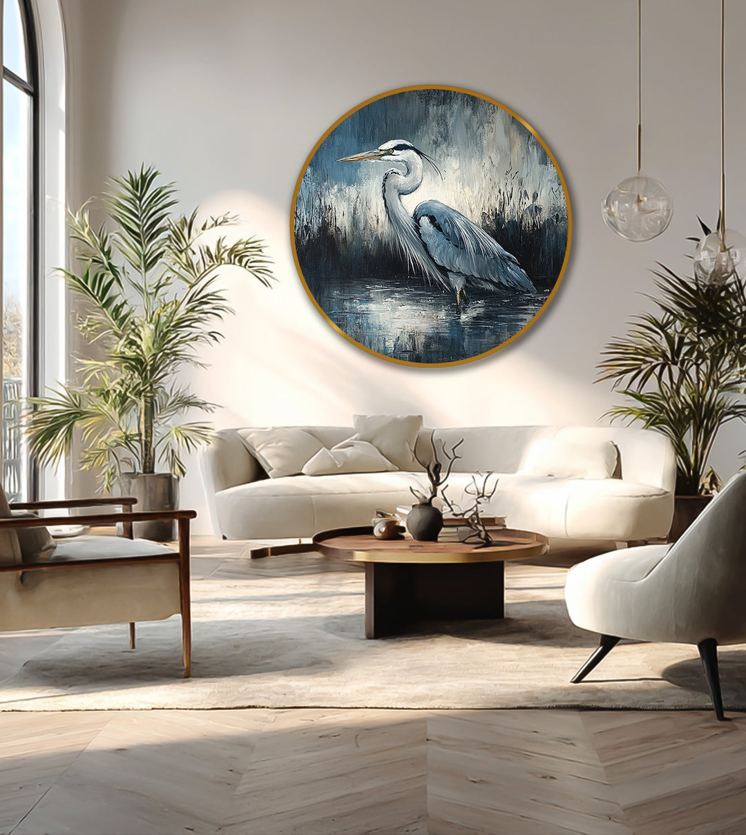 The focal point showcases a detailed heron standing in still waters, rendered in cool tones as a beautiful oil painting art prints.
