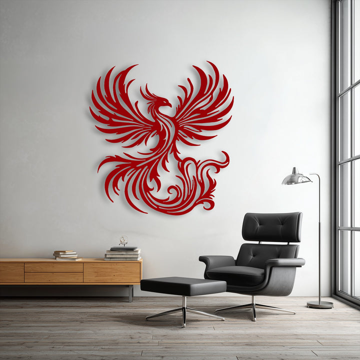 Dynamic decorative metal art depicting a majestic phoenix with its wings and intricate tail feathers flourishing, evoking a sense of soaring movement.