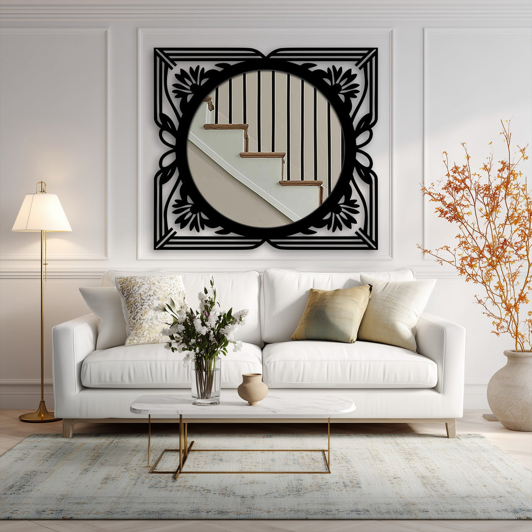 Surface textures vary from the mirror's polished glass and intricate metal artwork frame to the soft fabric sofa and woven rug.