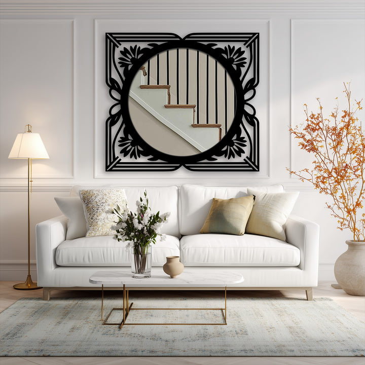 Surface textures vary from the mirror's polished glass and intricate metal artwork frame to the soft fabric sofa and woven rug.
