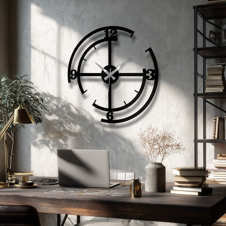 Abstractly designed, this black geometric metal wall decor clock presents a minimalist yet modern aesthetic on the wall.