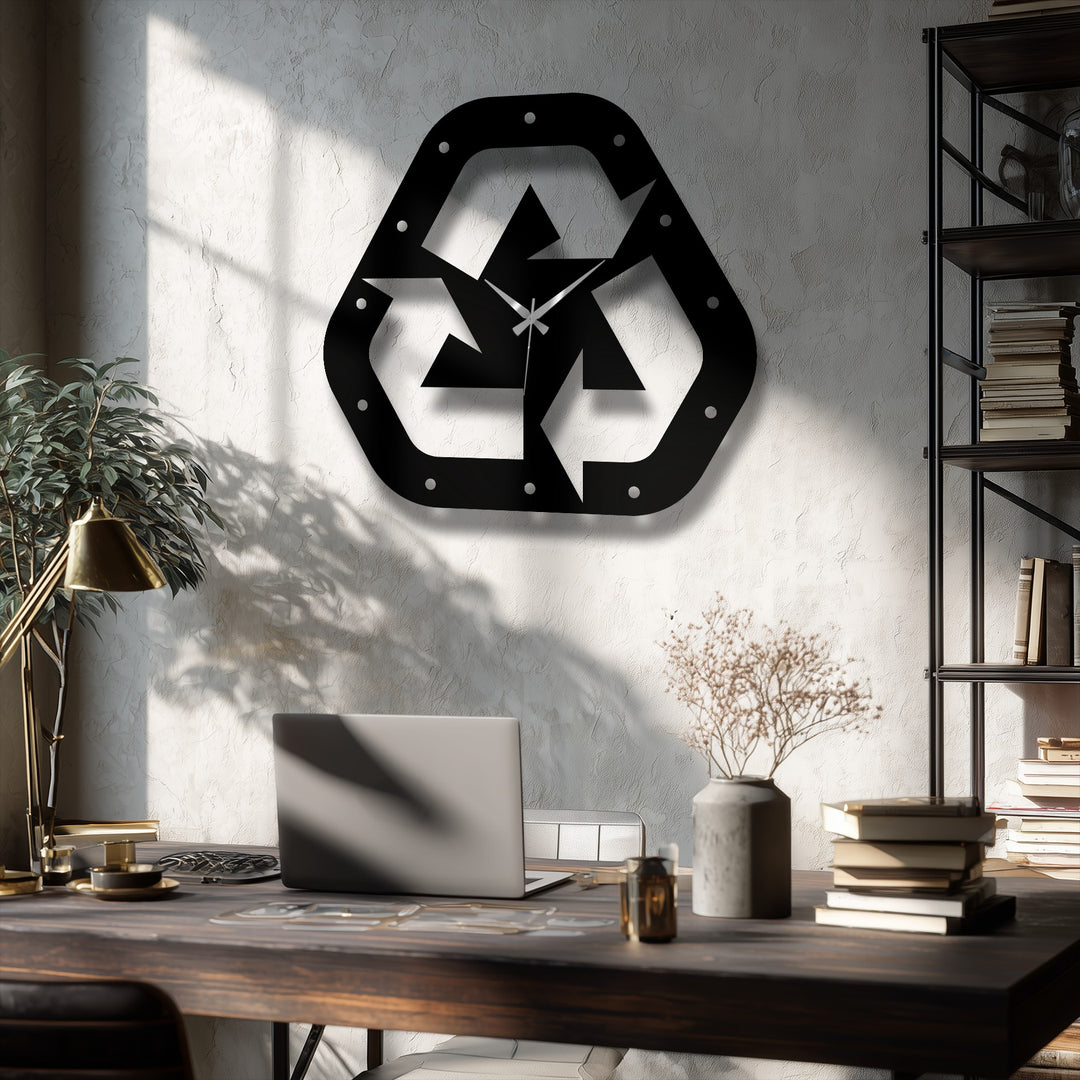 Circular arrows in the recycle symbol metal wall decor clock convey a dynamic sense of motion, enhanced by sleek silver hands, adding eco-modern design to any room.