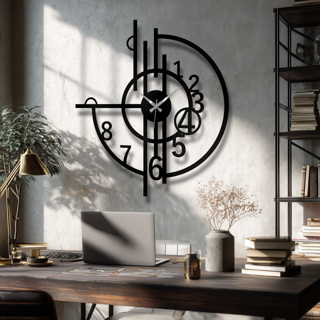 Horizontal, round decoration wall art features abstract geometric shapes and cutout numbers forming a modern metal wall clock.