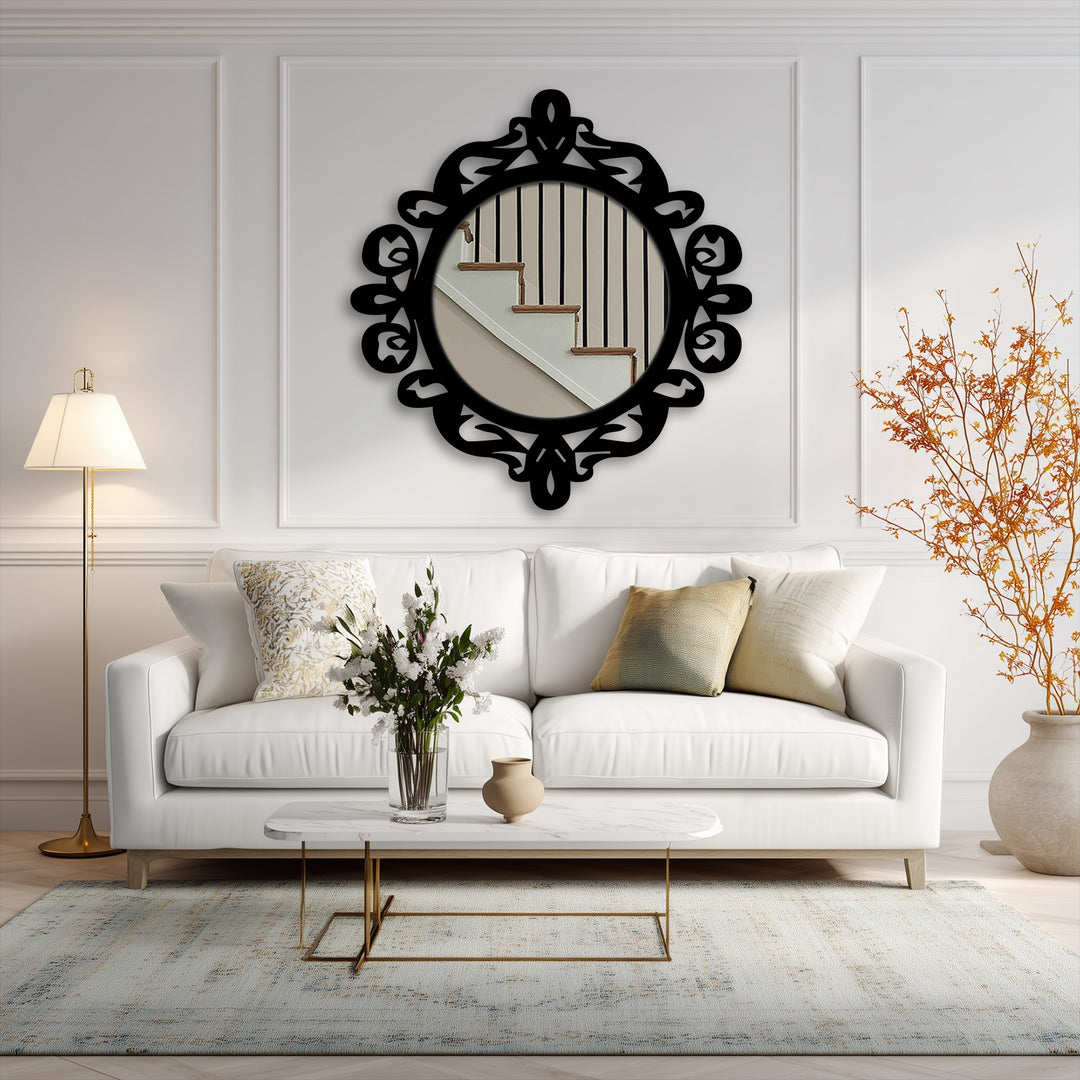 Reflecting a staircase in the ornate royal crest round floor mirror, the black metal frame emphasizes a statement piece of decorative metal art in a stylish living room.