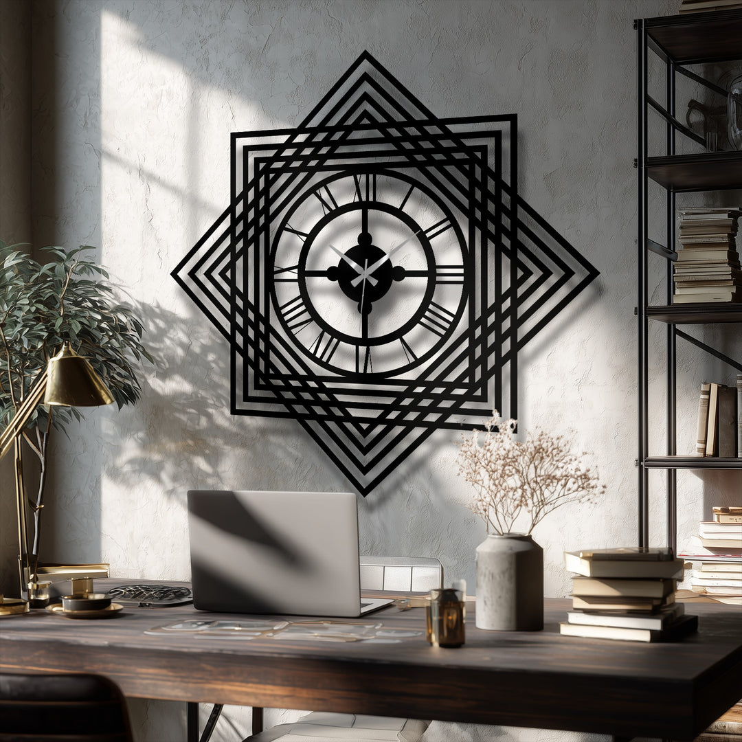 Warm light emphasizes the contemporary geometric layered frame decoration wall art of the metal wall clock, contrasting against the cool white wall.