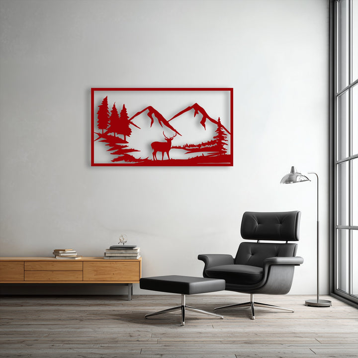 A striking transition from the deep red of the majestic mountain deer silhouette metal artwork to the light, textured wall creates visual depth.